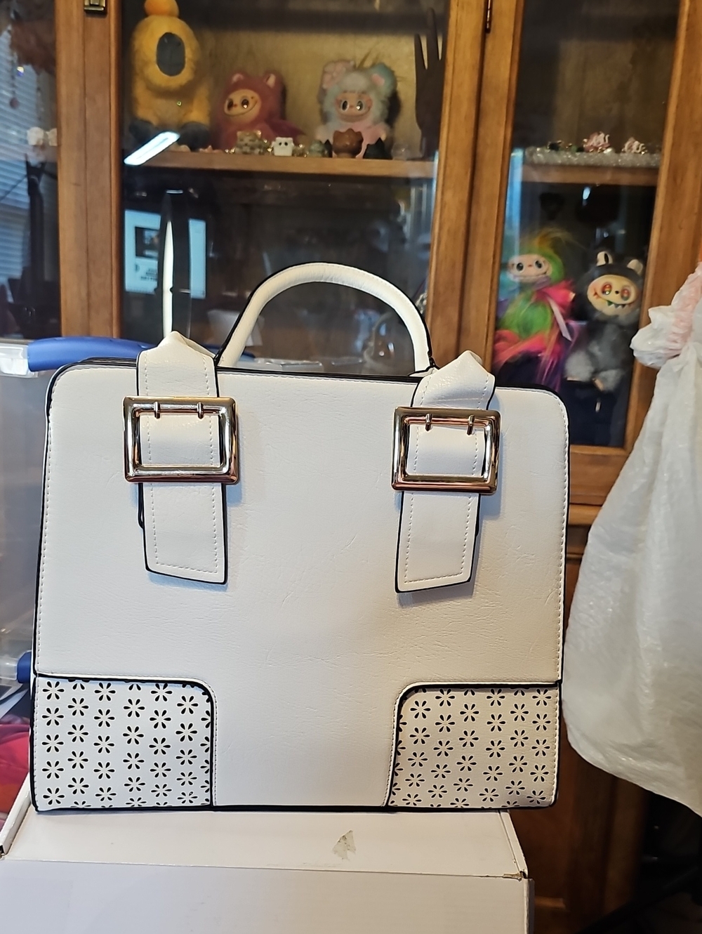 ellos White Top-Handle Satchel with Gold Buckle Accents